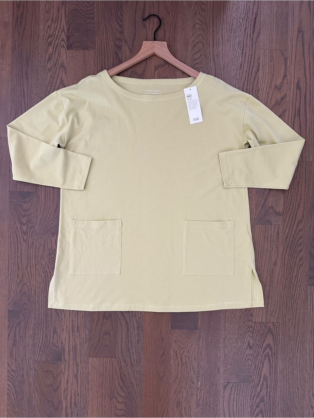 NWT Eileen Fisher Cotton Jersey Bateau Neck Tunic Top Pockets Lemic Yellow XS